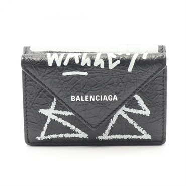 BALENCIAGA Paper mini wallet Tri-fold compact purse 391446 leather Black Used