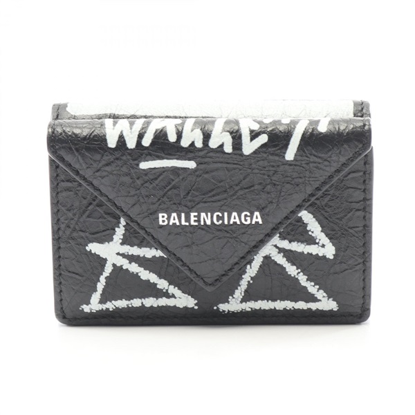 BALENCIAGA Paper mini wallet Tri-fold compact purse 391446 leather Black Used