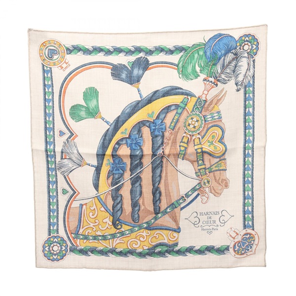 HERMES Petit Carre 45 HARNAIS DE COEUR Scarf Wrap silk silk cashmere Beige Used