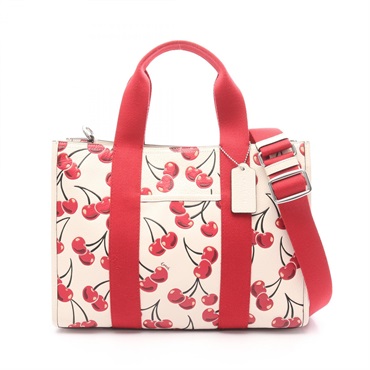 COACH Smith Tote Shoulder Bag Cherry Print CZ776 leather Beige Red Used Women