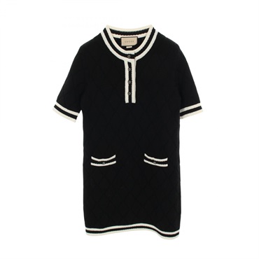 GUCCI Interlocking G Button Short Sleeve Dress wool Black White #S Used Women