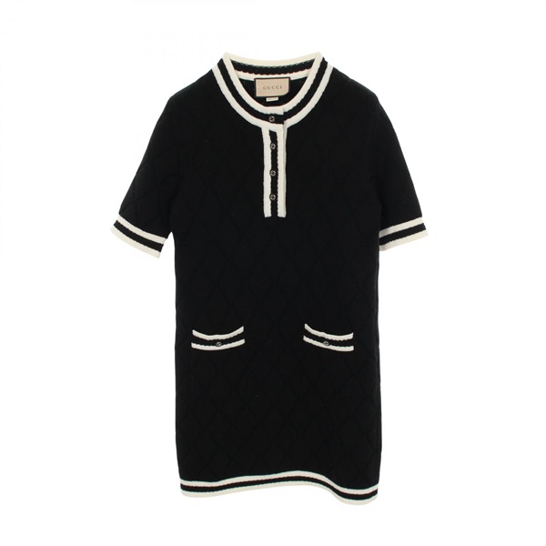 GUCCI Interlocking G Button Short Sleeve Dress wool Black White #S Used Women