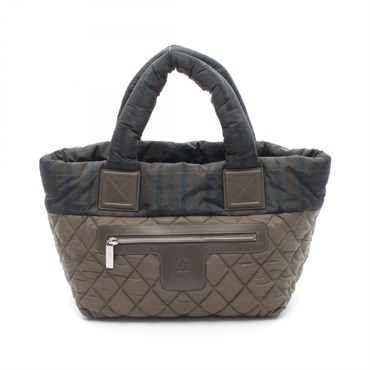 CHANEL Coco Cocoon reversible Small Tote Bag Nylon leather Khaki Used Women SHW