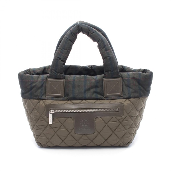 CHANEL Coco Cocoon reversible Small Tote Bag Nylon leather Khaki Used Women SHW