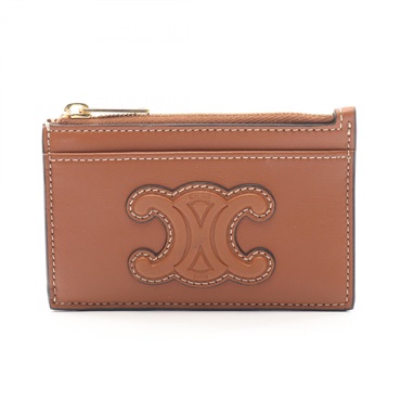 CELINE Cuir Triomphe Zipped Card Holder Case Leather Brown Used Women