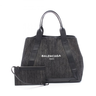 BALENCIAGA NAVY CABAS M Hand Tote Bag denim leather Black Used Women logo