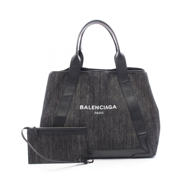 BALENCIAGA NAVY CABAS M Hand Tote Bag denim leather Black Used Women logo