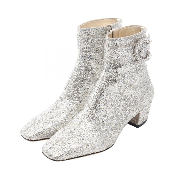 JIMMY CHOO MYAN 45 Bijou Ancre Short Heel Boots Shoes #37 Glitter Silver Women