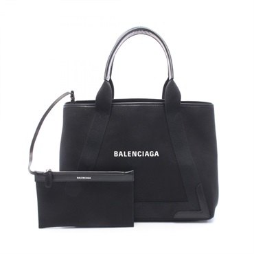 BALENCIAGA NAVY CABAS NEW M Hand Tote Bag 339936 canvas leather Black Used Logo