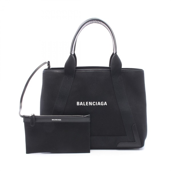 BALENCIAGA NAVY CABAS NEW M Hand Tote Bag 339936 canvas leather Black Used Logo