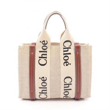 Chloe WOODY Small Tote hand Bag canvas leather Beige Brown Used Women