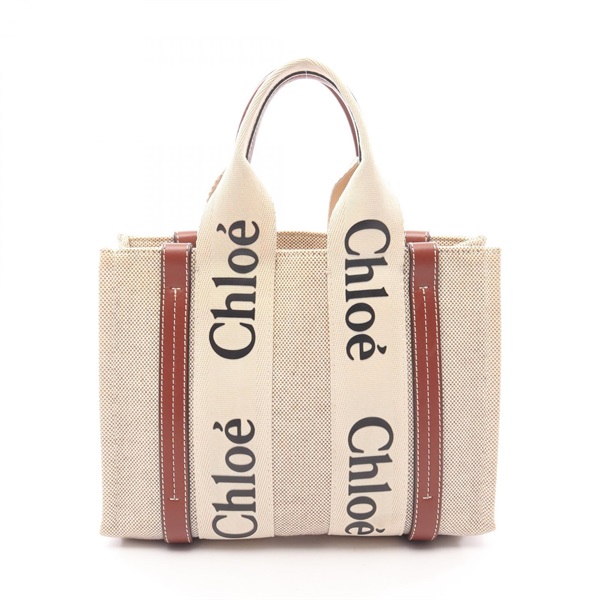 Chloe WOODY Small Tote hand Bag canvas leather Beige Brown Used Women
