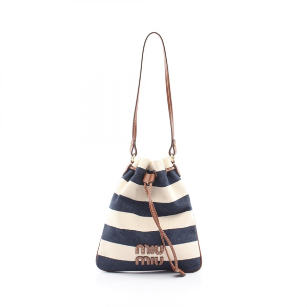 Miu Miu Mini Bucket Drawstring Shoulder Handbag canvas leather Navy Beige Used