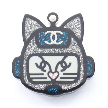 CHANEL Robot Cat Pin Brooch Plastic Artificial pearl Silver Multicolor Used CC