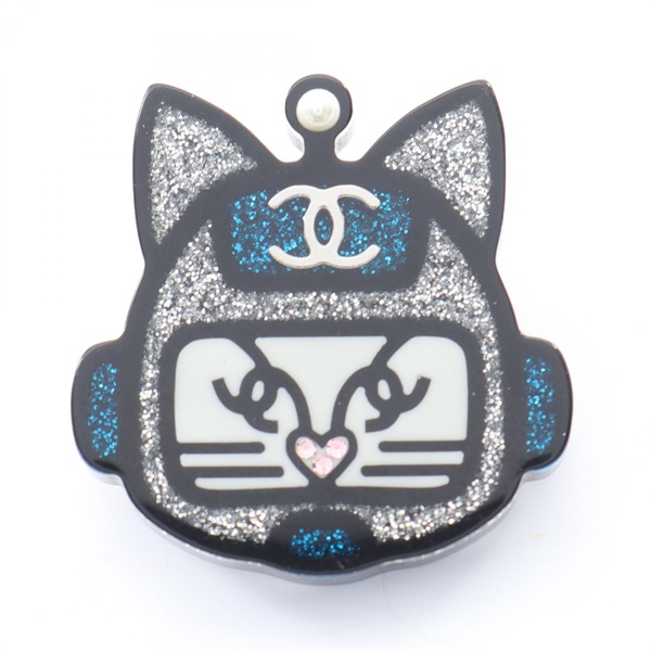 CHANEL Robot Cat Pin Brooch Plastic Artificial pearl Silver Multicolor Used CC