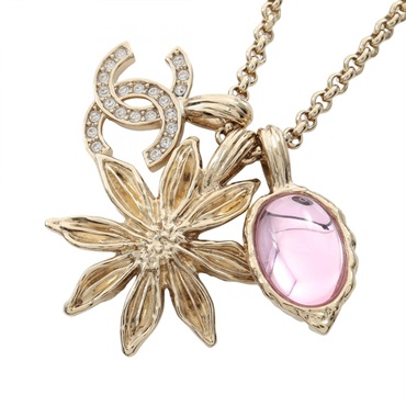 CHANEL COCO Mark Bijou Long Necklace I25A Necklace Gold Plated Rhinestone Pink