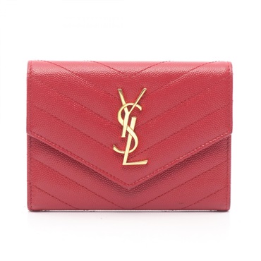 SAINT LAURENT PARIS Monogram Passport Card Case Holder leather Red Used Women