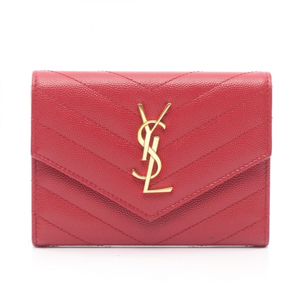 SAINT LAURENT PARIS Monogram Passport Card Case Holder leather Red Used Women