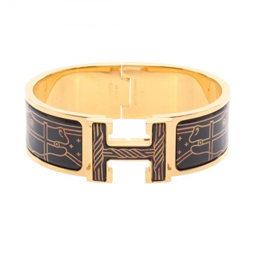 HERMES Click Clack H Bangle Bracelet Gold Plated Black GHW Used Women