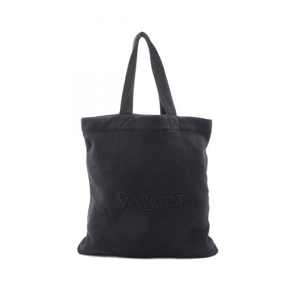 SAINT LAURENT PARIS Logo embroidered fleece Tote Bag cotton Black Used Women
