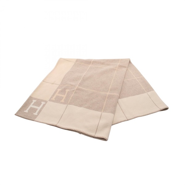 HERMES Plaid Avalon III Coco Chamomile Scarf wool cashmere Beige Used unisex