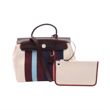 HERMES Her bag Zip PM Shoulder Handbag Hunter leather Toile H canvas Beige  used