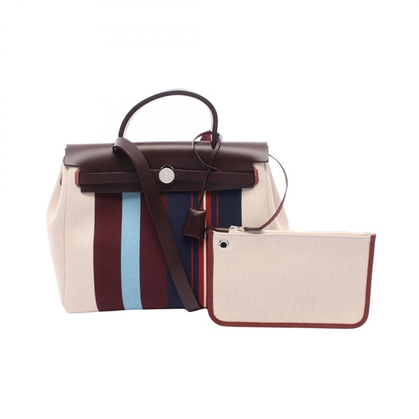 HERMES Her bag Zip PM Shoulder Handbag Hunter leather Toile H canvas Beige  used
