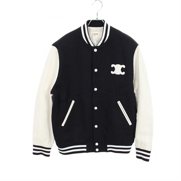 CELINE Teddy Varsity Jacket Blouson wool leather Navy White Used mens size 36