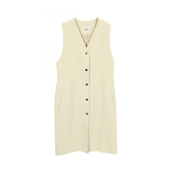 HERMES Clou de Selle Sellier Button long Vest gilet #38 leather Beige Women