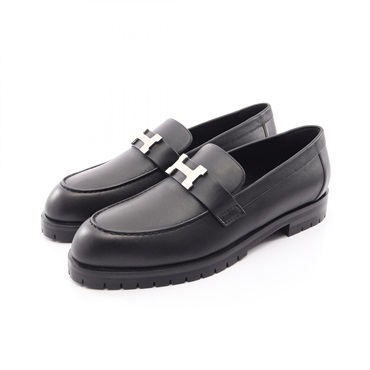 HERMES Moccasins Faubourg Loafers Flat Shoes #39 leather Black SHW Women