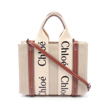 Chloe WOODY Small Shoulder Crossbody Handbag canvas leather Beige Brown Used