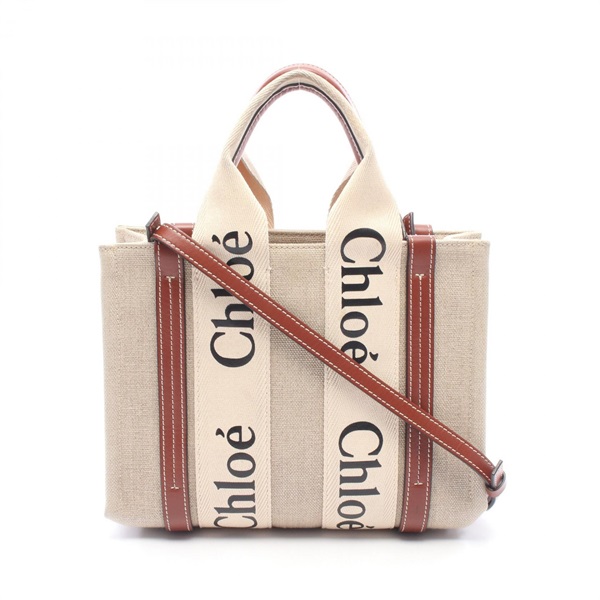 Chloe WOODY Small Shoulder Crossbody Handbag canvas leather Beige Brown Used