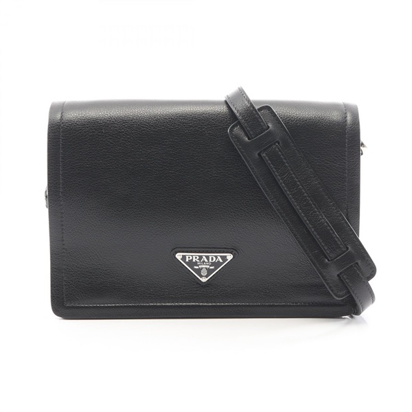 PRADA GLACE'CALF Crossbody Shoulder Bag 1BD296 leather Black Used Women Logo