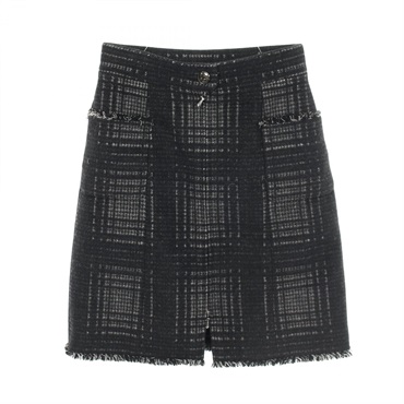 CHANEL COCO Mark Button Check Pattern mini skirt #34 wool Black Used Women