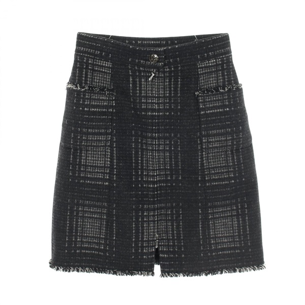 CHANEL COCO Mark Button Check Pattern mini skirt #34 wool Black Used Women