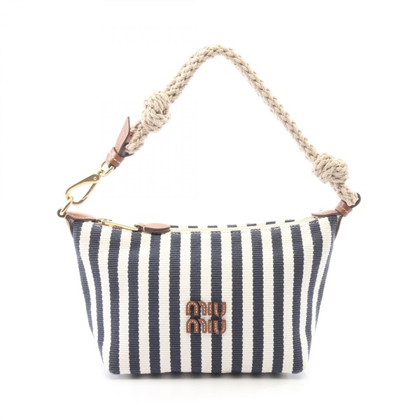 Miu Miu CANNETTE RIGHE Stripe Handbag Pouch 5NE841 canvas leather White Used