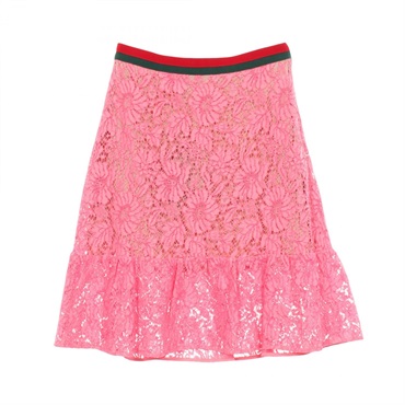 GUCCI All Lace Skirt #38 cotton Pink Red Green Used Women GG