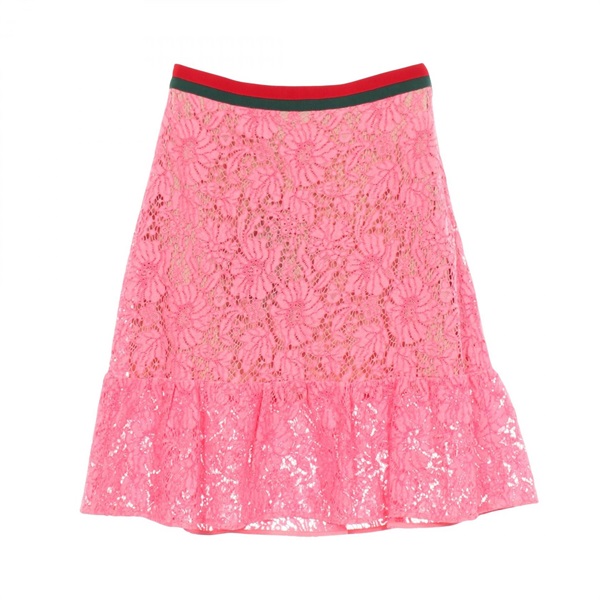 GUCCI All Lace Skirt #38 cotton Pink Red Green Used Women GG