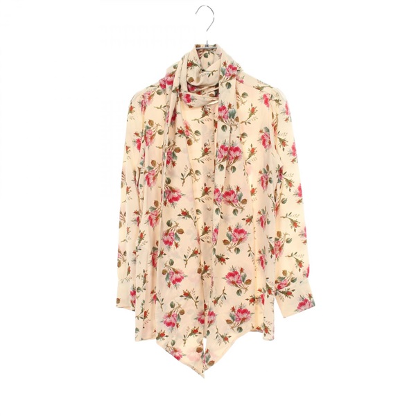 GUCCI Floral Bow Tie Blouse Shirt Top 467085 silk Beige Multicolor Used #36