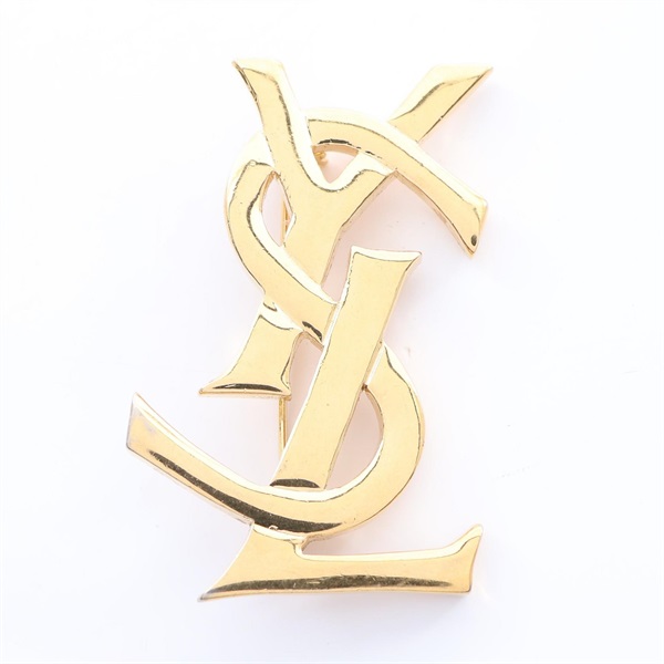 YVES SAINT LAURENT logo Brooch Pin Gold Plated Used Women YSL