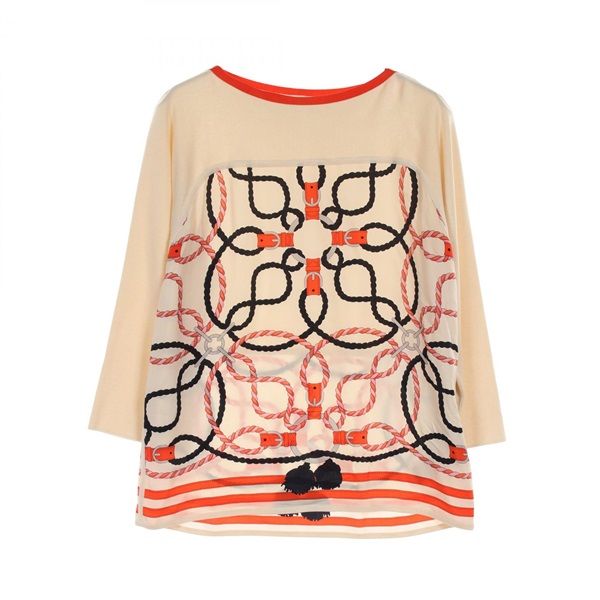 HERMES Twillaine cordeliere knitwear sweater #42 silk cotton Beige Multicolor