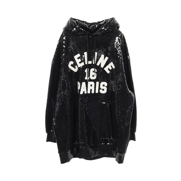 CELINE Sequin Logo Hoodie cotton Black White mens #S