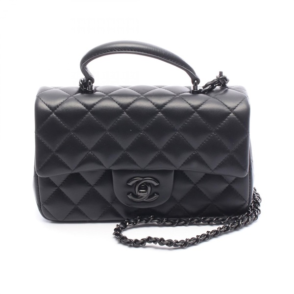 CHANEL Matelasse Top Handle Mini Flap Chain Shoulder Bag AS2431 leather Black CC