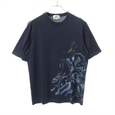 HERMES caval card T-shirt short sleeves S size cotton Navy Used mens