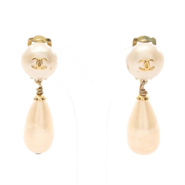 CHANEL COCO Mark Earring Gold Plated Artificial pearl Beige Used Women CC