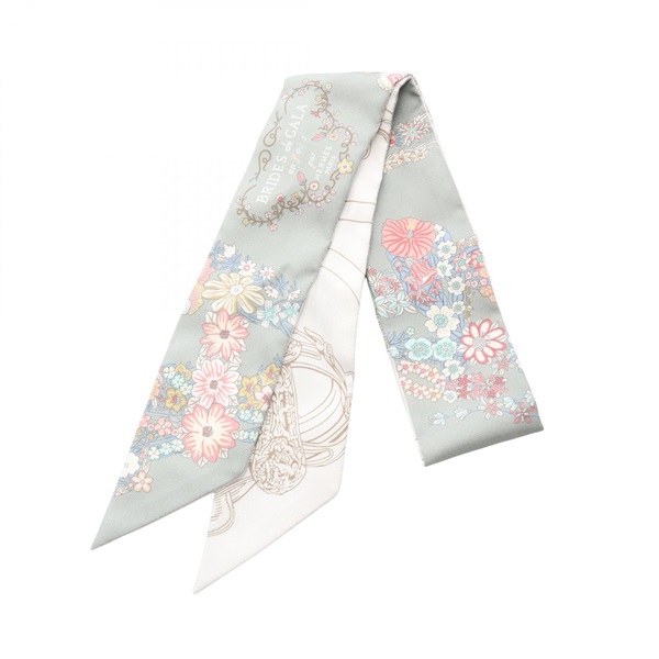 HERMES Twilly BRIDES de GALA en fleurs Scarf wrap echarpe silk Green White Used