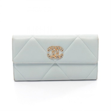 CHANEL CHANEL 19 Long Flap Wallet Bifold purse leather Blue Used Women GHW CC