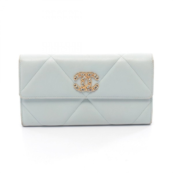 CHANEL CHANEL 19 Long Flap Wallet Bifold purse leather Blue Used Women GHW CC