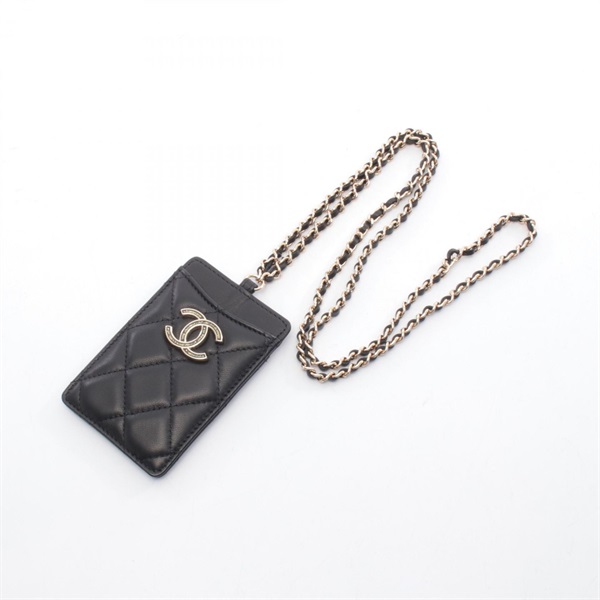 CHANEL Matelasse COCO Mark Card Case Shoulder bag leather Black Used Women GHW