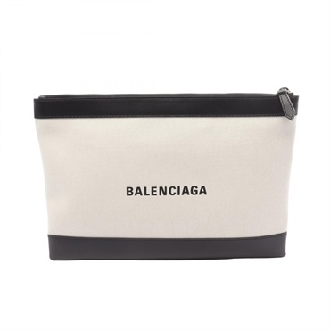 BALENCIAGA Navy clip M business clutch bag 373834 canvas leather B&W Used